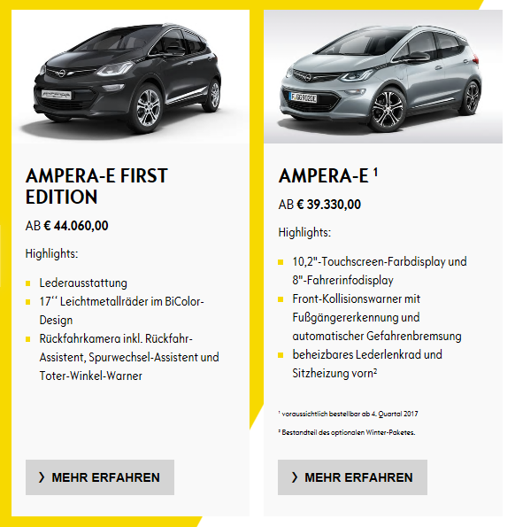 Prix Opel Ampera-e Allemagne